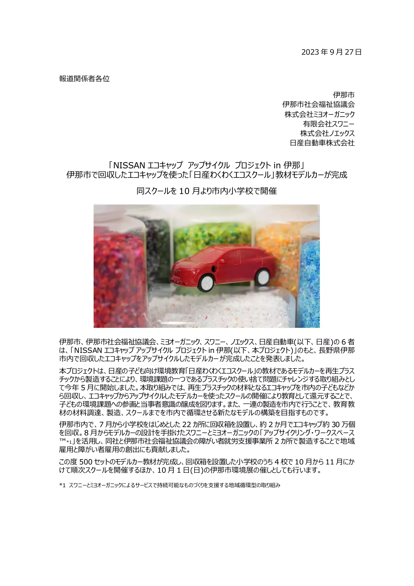 プレスリリース 1 枚目。エコキャップから作った赤いモデルカー